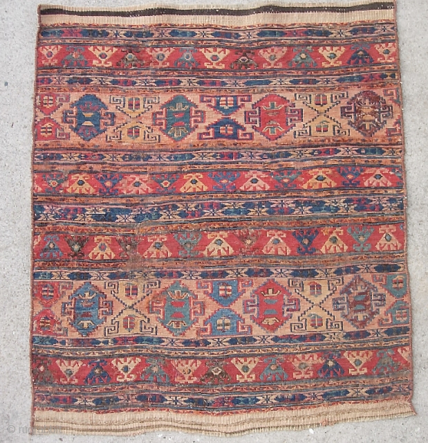 Soumak  2 ft 11 inches by 3 ft 4 inches.  Caucasian.  All vegetable colors. Look carefully. There is some attrition in a few brown areas. Overall pretty decent condition  ...