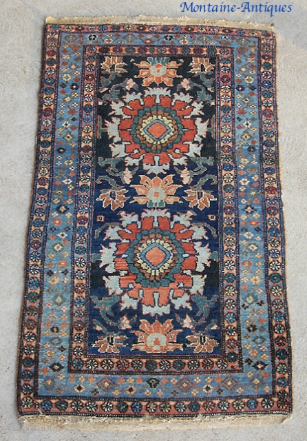 Kurdish Hamadan w/ Harshang design 3 ft 2 by 5 ft 7. Beautiful colors and original braided ends. Some pile wear toward the center but no foundation exposed. A very decorative thing. 