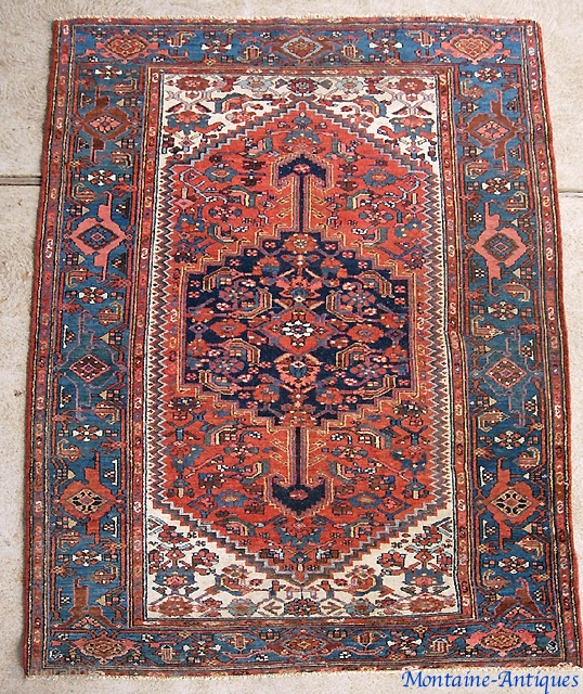  Hamadan-- 4 ft 4 by 6 ft 6 inches. Classic pole medallion; turtle border; Great crisp natural colors. Low but very even with no foundation exposed anywhere.     