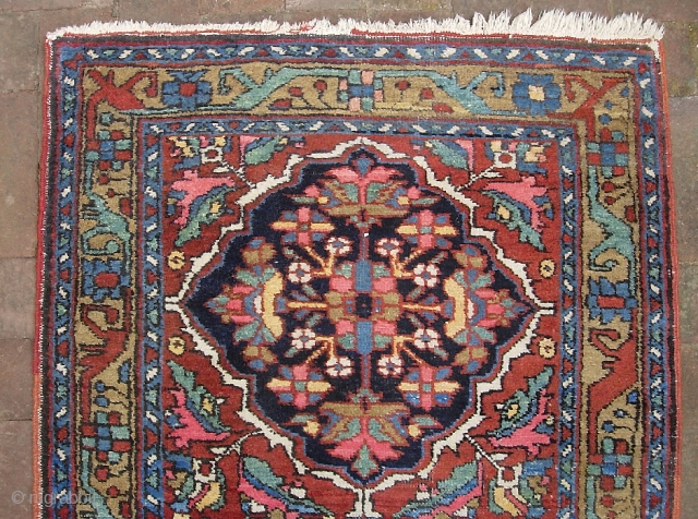 Heriz-- 2 ft 8 inches x 4 ft 8 inches. Rare small size and unusual design and very nice colors. Weave is good and fairly compact. Condition is pretty good tho not  ...