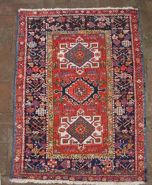 Karaja-- 3 ft 1 inches x 4 ft 2 inches. High impact rug w/ strong decorator colors.  Pile is low but even. Overall condition is good tho not perfect. $15 for  ...