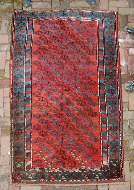 Kurdish-- 3 ft 8 inches x 6 ft 7 inches. Deep red and nice blues. All wool foundation. Original ends and sides. Almost perfect. Pile gets a little lowish in the center  ...