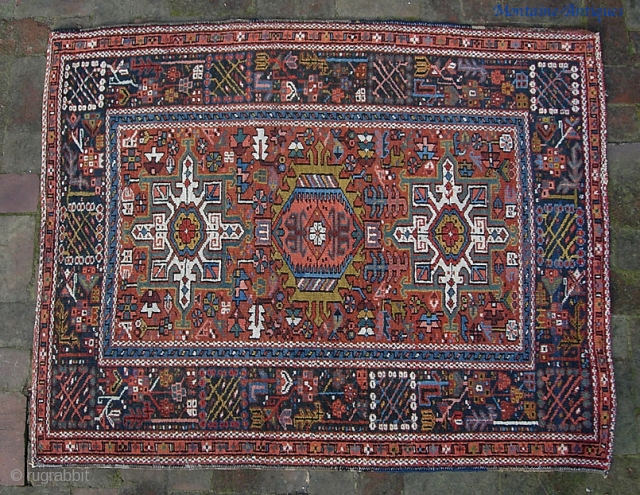 Karaja. 3 ft 7 inches by 4 ft 6 inches. Another decorative March madness special with colors. Light glue on the ends but the rug has been properly stabilized with needle and  ...