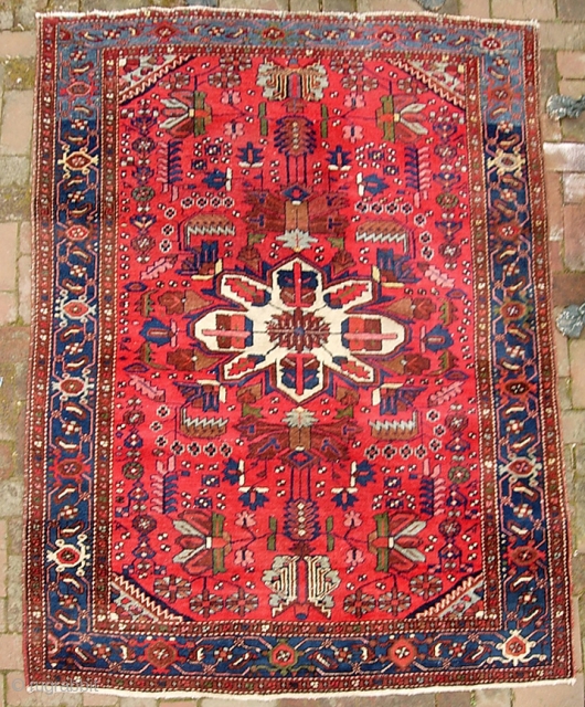 Hamadan-- 4 ft 10 inches x 6 ft  6 inches. Really good one. Maybe an older Zagheh(?). Its like Cherry Vess (remember that stuff?). Intense as this red is I think  ...