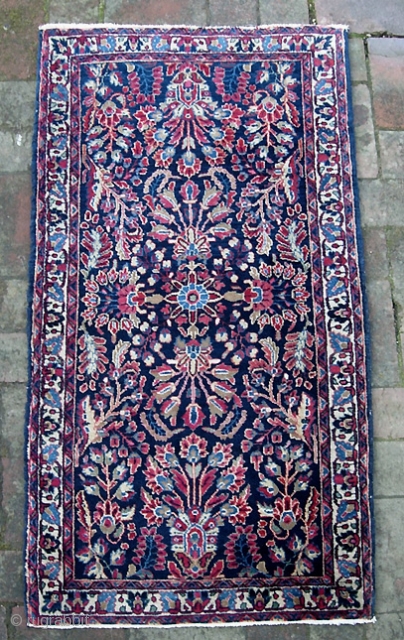 Blue Sarouk.  2 ft 1 inches by 4 ft 0 inches. Crisp design. Silky, lush pile and nice tight weave. Pile is mint. One end is perfect; the other end has  ...