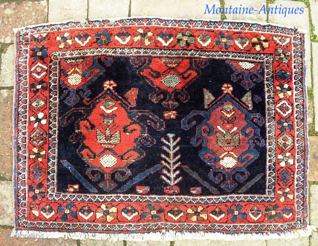 Afshar -- 20 x 27 inches. Neat piece. Fine weave. Beautiful colors. Some attrition at the ends but overall very good condition. $15 UPS to Lower 48      