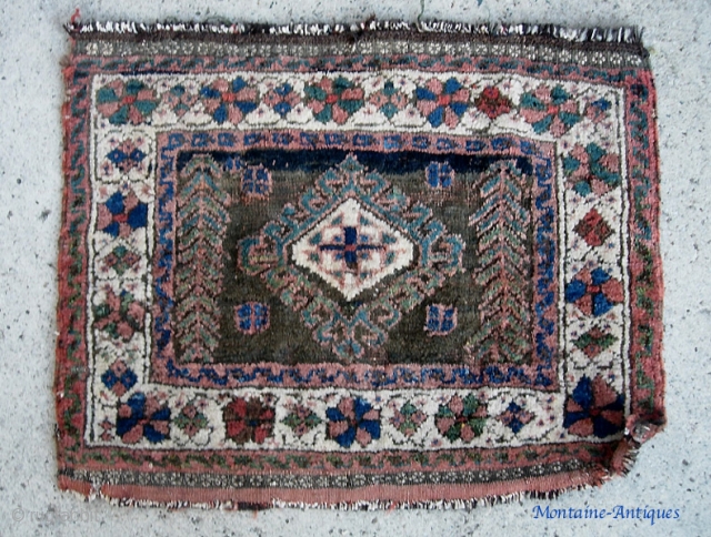 Afshar? 19 inches by 24 inches. Fluffy, soft bag face with unusual earth tone colors and interesting design. Some brown oxidation and a little this and that evident in the photos. $12  ...