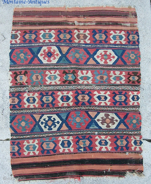 Antique Persian or Caucasian flat weave-- 3 ft 2 by 4 ft 8. I'm tempted to call this Shahsavan but I wouldn't want to give anyone the false impression that I have  ...