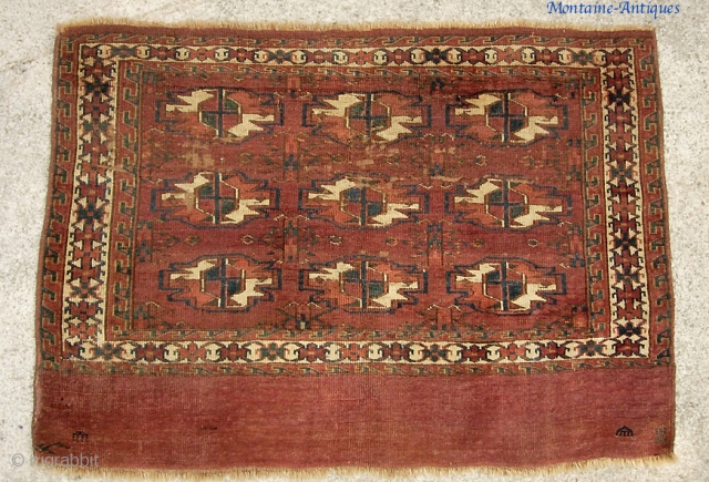 Antique Turcoman 2 ft 3 by 3 ft 2. I have no idea tribal affiliation. Hopefully there are sufficient photos to let you figure it out. It is very finely woven. Has  ...