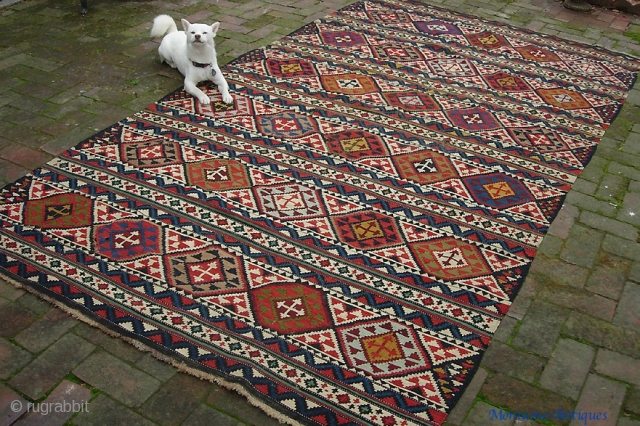 Shirvan/Kuba?  5 ft 1 x 10 ft 1 in. Incredibly finely woven huge antique kelim. Look very carefully as it has several moth holes mainly through the center. The fellow from  ...