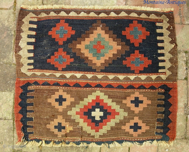Kelim-- 20 x 24 inches. Persian?  Great colors. Good age. Is that an old reweave lower left? $15 shipping to lower 48          