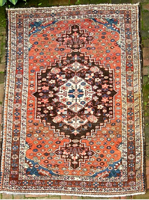 Bahktiari. 4 ft 4 x 6 ft 7 inches. Medallion rug with earth tones and a lot of chocolate brown. Rug is a bit out of square. (Not horrible) Missing a row  ...