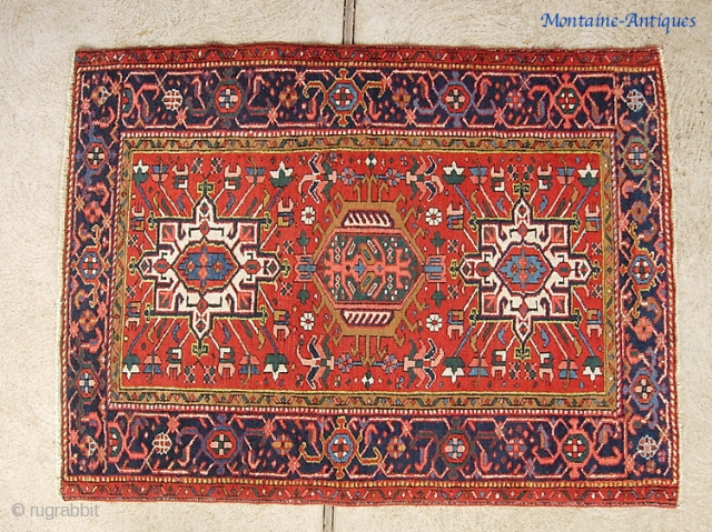 Karaja-- 3 ft 7 inches by 4 ft. 5 inches.  Bright and pretty colors. Super decorative. Good size.              
