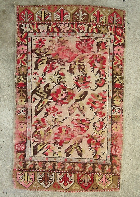 Anatolian Yastik-- 1 ft 7 by 2ft. 10 Inches. Unusual with milfleur design. Most wear is brown oxidation               