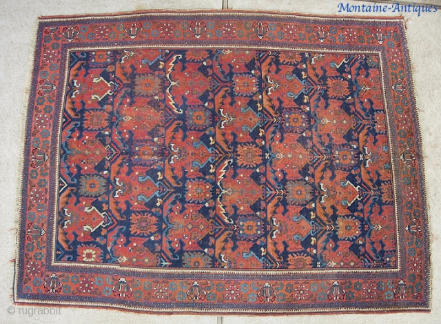 Antique Afshar-- 4 ft 6 inches by 6 ft. 4 inches. Pretty fine early type weave on wool ground. Side cords frayed a bit. Even wear with some foundation showing mostly in  ...