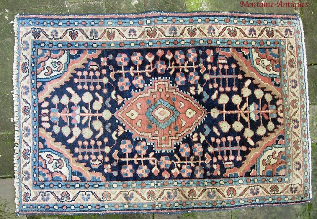 Sarouk Poushti, 20 x 30 ins., early 20th cent. Rarer blue ground with Feraghan design. Stout, heavy weave. Even pile throughout with a bit missing on ends.   $15 to ship  ...