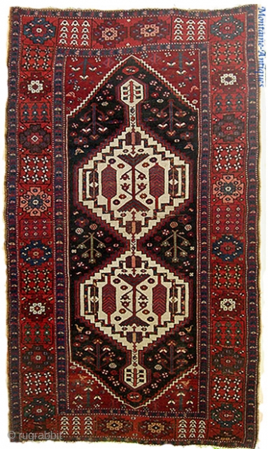  Luri? Bahktiari?  wool foundation; Large-- 5’6” X 10’3”.  Double medallion and lots of interesting tribal iconography. All natural dyes. Soft and supple. Good, Even pile with a few low  ...