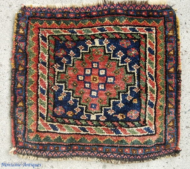 S. Persian bag face. 18 x 20 inches. Possibly Luri. 1/3 was woven with yellow dyes weft. Nice plush little thing with green and other nice colors. $12 shipping in us.
  