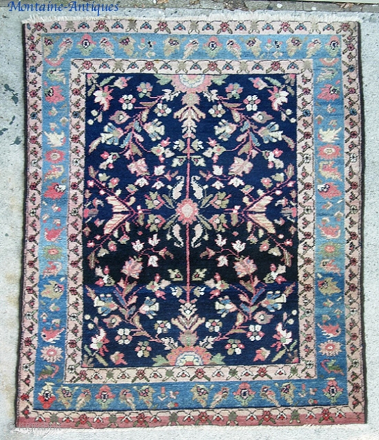 Mehriban. 3 ft 4 inches by 4 ft 7 inches. Typical 1920s- 30s Mehriban with fine lustrous wool, soft rose, baby blues, and indigo ground. This one is unusual with old Persian  ...