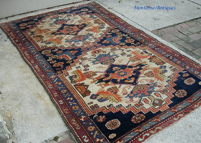 Karaja. 3 ft 9 x 6 ft 1 inches. a real old piece with wool weft. a super decorative rug with some non-offensive orange and 20 other good colors. Unusual design with  ...