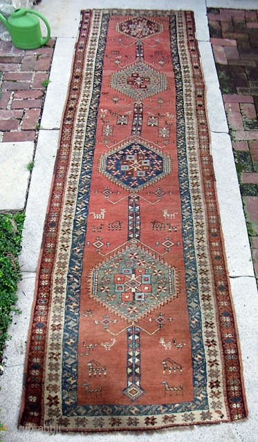 Azerbaijan Runner  3 ft 2 inches x 12 ft 9 inches. Probably Kurdish. A genuinely old piece with very interesting ethnographic design and very soft old colors. colors. Note missing ends  ...