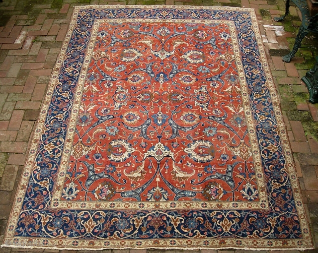 Tabriz-- 6 ft 6 in by 9 ft 2 inches. Finely woven, Circa 1920s with vibrant, warm natural dyes. Arabesque design harks back to classic 17th/18th century Persian museum carpets. 6 x  ...