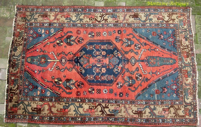 West Persia, possible Bahktiari.  3.10 by 6.0, Circa early 20th century.  Very well drawn medallion with tribal influence. Beautiful all natural colors. Thick pile. A few rows missing at one  ...