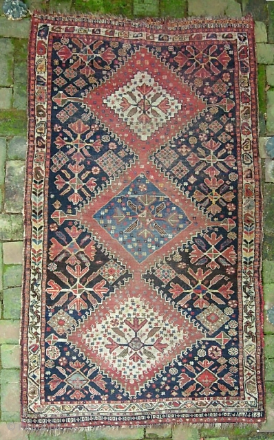 Qashqai. 2 ft 11 in  x 5 ft 9 inches. Ancient old piece in as found condition. Pile is low and even with a smattering of foundation here and there. Someone  ...