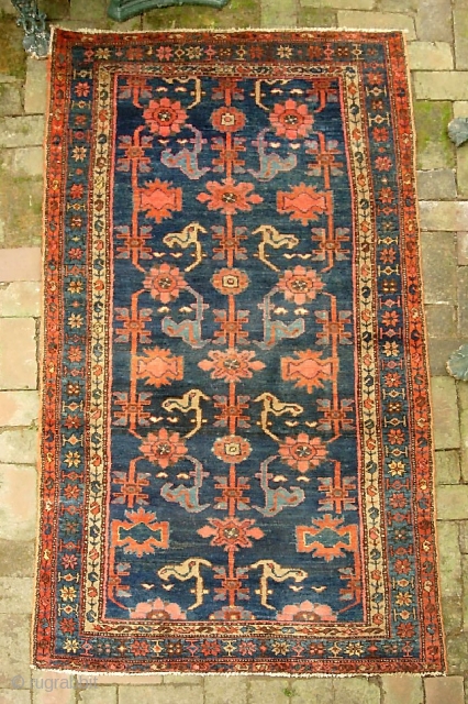 Hamadan-- 3 ft 3 in x 6 ft 3 in. Indigo field with all good colors. Interesting salmon design. Possibly Mehriban. Condition is good, original,  no repairs. $20 for UPS shipping  ...