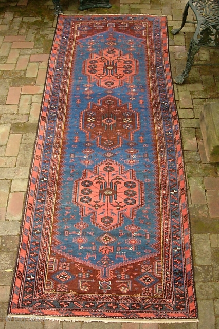 Hamadan Runner-- 3 ft 6 in x 9 ft 9 in. Perhap Kolyai   with all these Kurdish motifs. Very pretty with soft blue, salmon and rust.  Condition is good--  ...