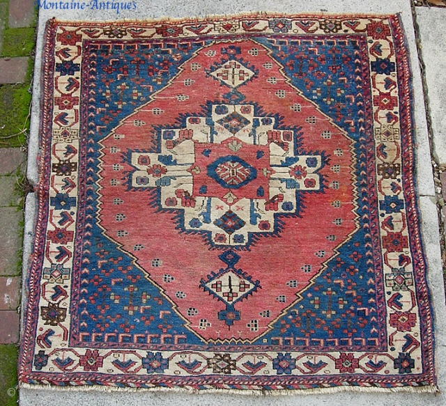 Early Afshar on wool foundation. 3 ft 3 by 3 ft 6 in. Charming tribal piece.                 