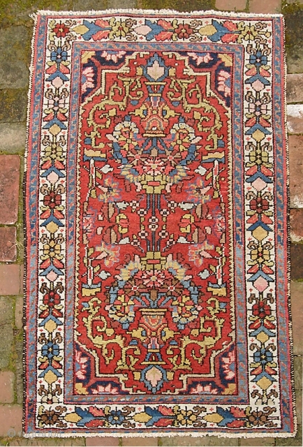 Saveh area. 2 ft 6 inches by 4 ft 0 inches. For you Hamadan village ID fanatics-- I think the weave belies the locus. Compare the back with the Pomegranate  rug.  ...