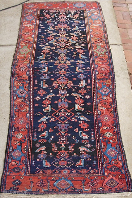 Kurdish/Hamadan 3 ft 7 by 9 ft 9 inches. Just the prettiest old colors you'd ever want-- especially the tomato red border. The design is pretty neat: they  took a garden  ...