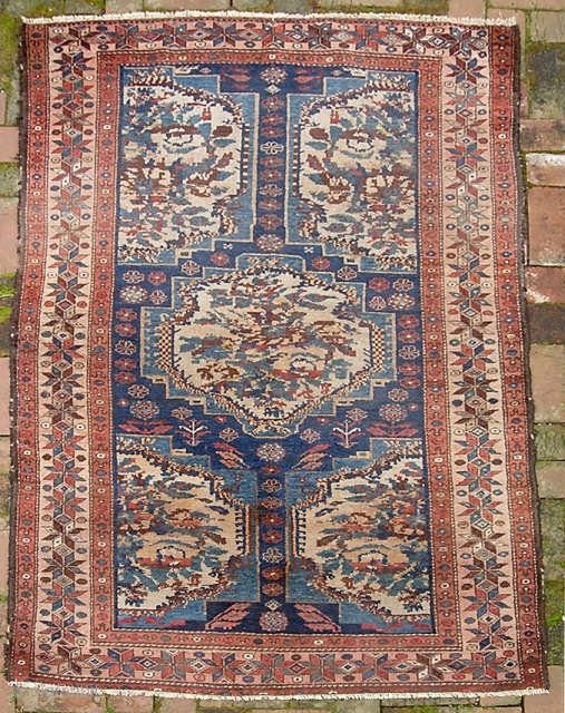 Persian Village-- 4 ft 2 inches x 6 ft 0 inches. Bahktiari? Anything different is good. Definitely unique design. Some loss at the ends; excellent zanjir work securing them.  Approx $20  ...