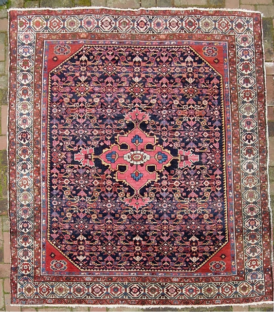 Squarish Hamadan-- 5 ft 4 inches x 6 ft 8 inches. One of two similar from same yard sale. Exceptionally decorative with great colors... especially rose medallion and madder corners. Alas... some  ...