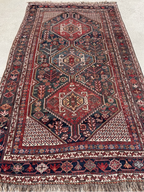 Nice old southern Iranian tribal rug measuring 5’8”x 9’3” in good condition, full pile, could use a cleaning, has a little bit of red dye bleed into some white areas, priced well  ...