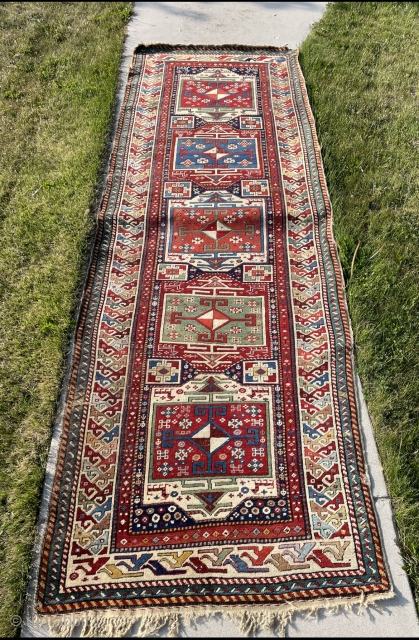 SOLD 10’4”x 3’7” end of 19th century Surahani Caucasian runner. Nice colors, maybe a bit stiff in design, decent condition despite some issues with a couple of corners and some binding, you’ll  ...