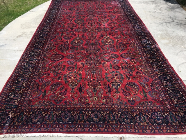 12'4"x 23'8" 1938-1944 over sized Persian Sarouk with two small low area's, after market fringe sewn on, needs binding wrapped in a few small places, has no micturition smells or stains, wool  ...