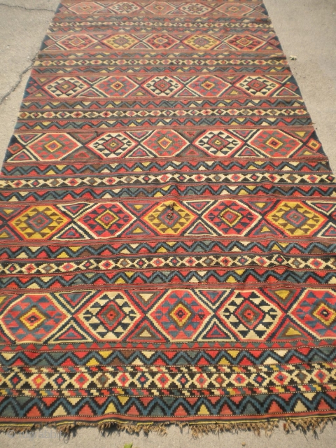 Fresh from an estate as found: a 130 year old complete NW Persian or Southern Caucasian kilim of extraordinary quality, size is 10'6"x4'10".  It is super fine, has great colors, great  ...