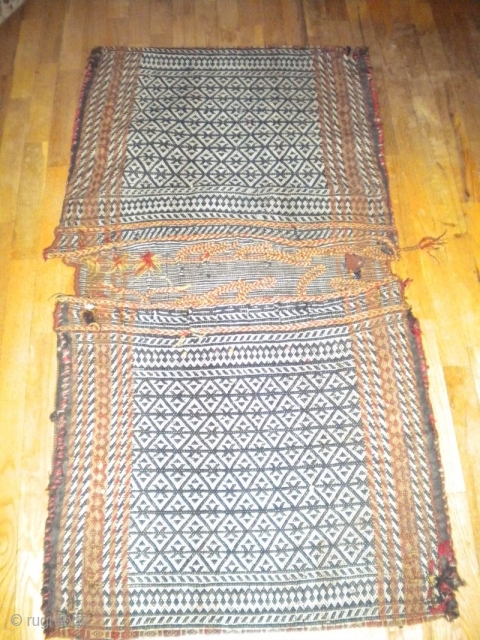 4'4"x2'4" Southern Iranian Saddlebag, turn of the century, has a few old repairs, but otherwise in pretty good condition, good quality materials, good craftsmanship, a handsome example.      