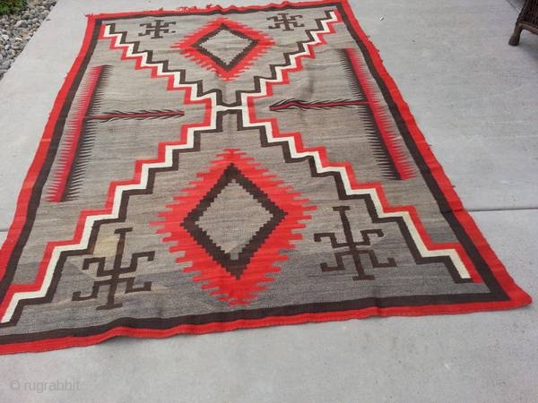 fresh from my Rug Picking: a Turn of the century Navajo, size is 92"x66", needs some restoration in two places (see pics), thanks for looking.        