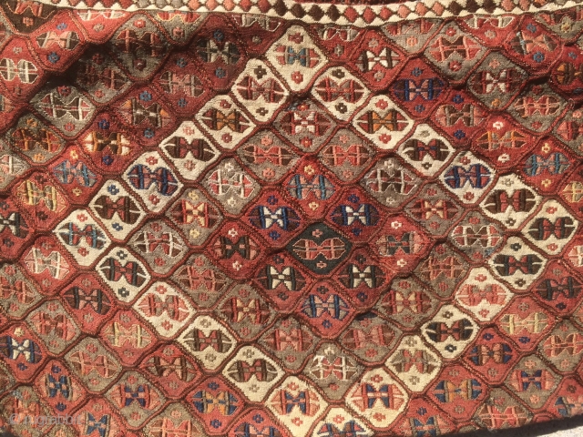 As found: A beautiful very old Eastern Anatolian (Kurdish) saddle bag in very good condition.  Measures 4'6'x 2'8".  The kilim bridge section between the two bags measures 11".  Very  ...