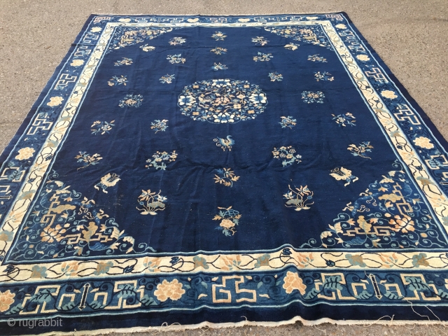 Old Chinese carpet with some light scattered wear measuring 8'10"x 11'3" woven with glossy, organic wool. Nice Carpet!               