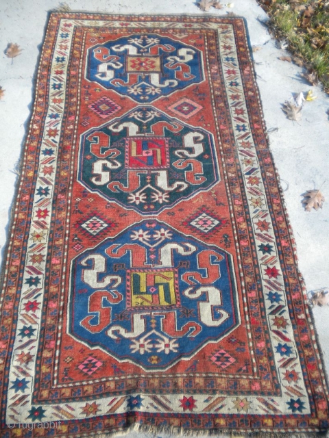 For sale is this beautiful 4'2"x8' 1900's Caucasian cloud-band design rug probably from Karabagh or Kazak.  The rug needs some reweaving on one side (at the bottom...see main picture) needs selvidge  ...