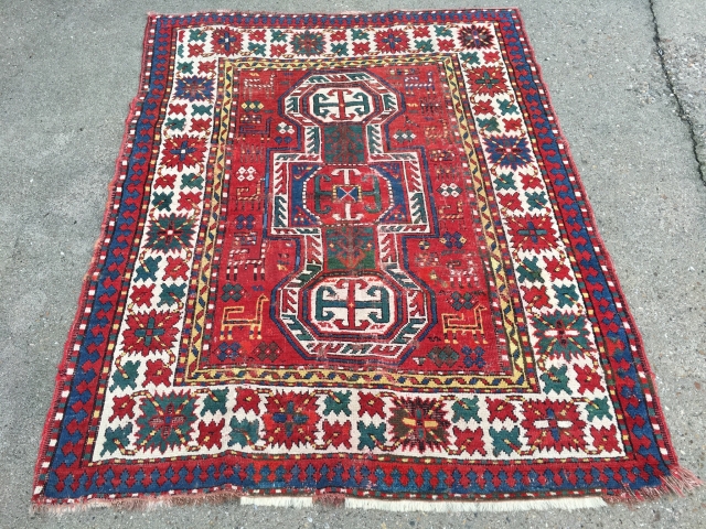 Pretty 5’9”x 4’4” Caucasian Key Hole Design. Possibly Armenian. Rug has scattered wear, few old repair jobs. Nice rug              