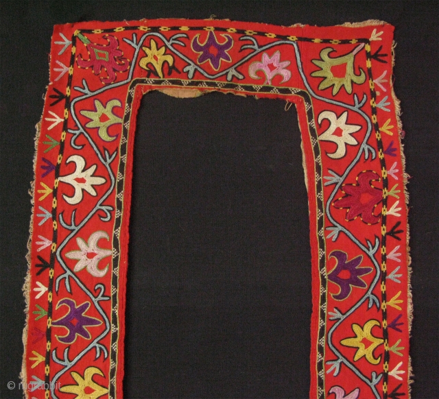Uzbekistan Lakay fragment. Chain stitch fine embroidery from Shahrisebz. Late 19th century. Size of each panel is 48" - 121 cm long and 3.5" - 9 cm wide, top panel is 3.5"  ...