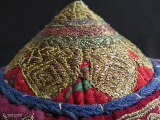 Afghan Metallic and Silk Embroidered Hat. Fine silk and strong metallic running and couching stitch embroidery. Size: 5.9" - 15 cm high and 7.1" - 18 cm wide in diameters.   