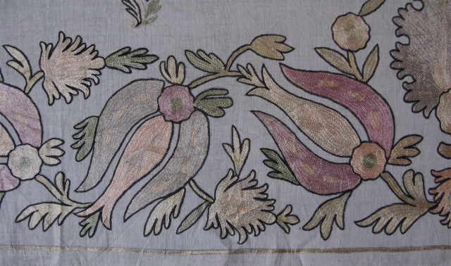 Ottomasn Textile. Silk fine chain stitch embroidery. Little wear in center blossoming flower. Circa 1900's. Size: 19" x 70" - 48cm x 177cm.          