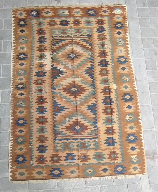Antique Sarkoy – Manastir kilim. Needs some restorations as can be seen on the images.
Some of the White colors are cotton and the rest is wool.
Circa 1880 or earlier. Size: 59″ x ...