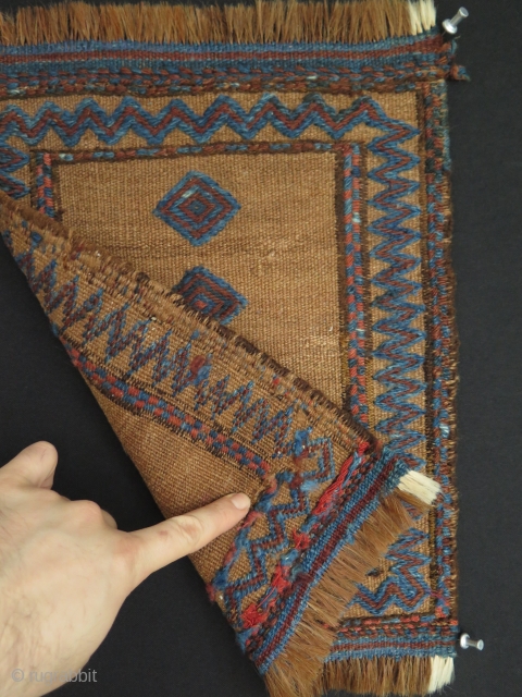 Mini Persian kilim with camel hair ground. Size: 12" x 15" - 31 cm x 39 cm.                